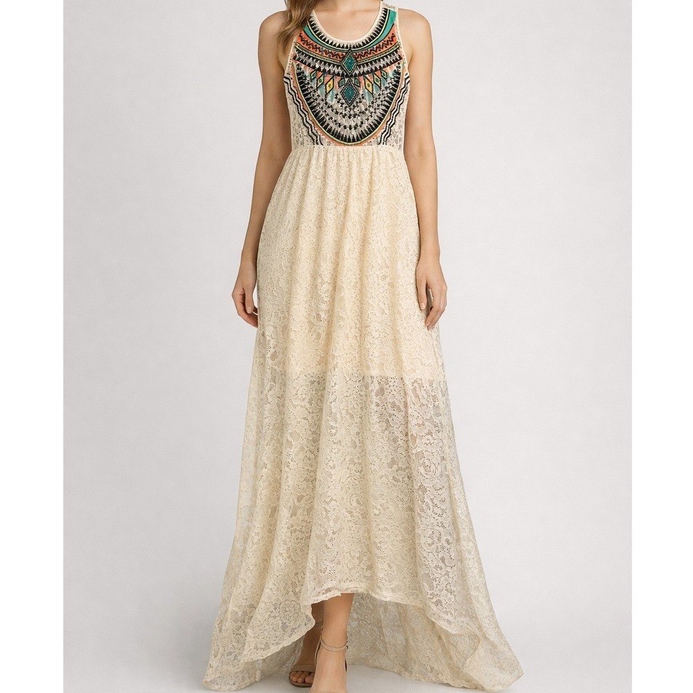 Lulumari Maxi Dress Ivory Lace Boho Tribal Print Festival‎ Size M